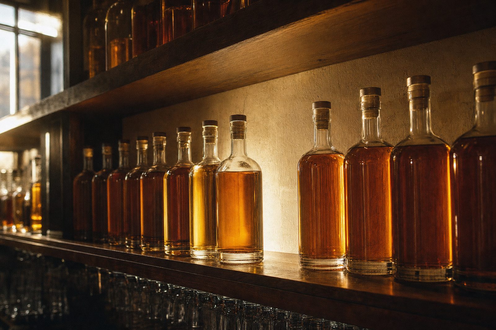 Bourbon bottles on a backbar retail shelf, one facing slot empty