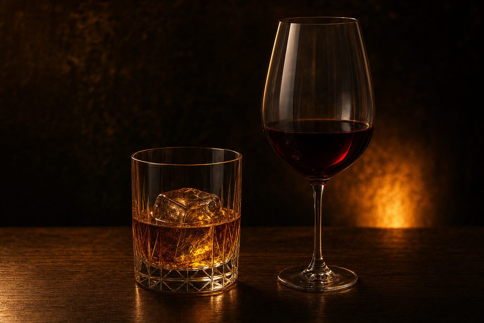 A pour of bourbon and a glass of red wine side by side on an oak bar