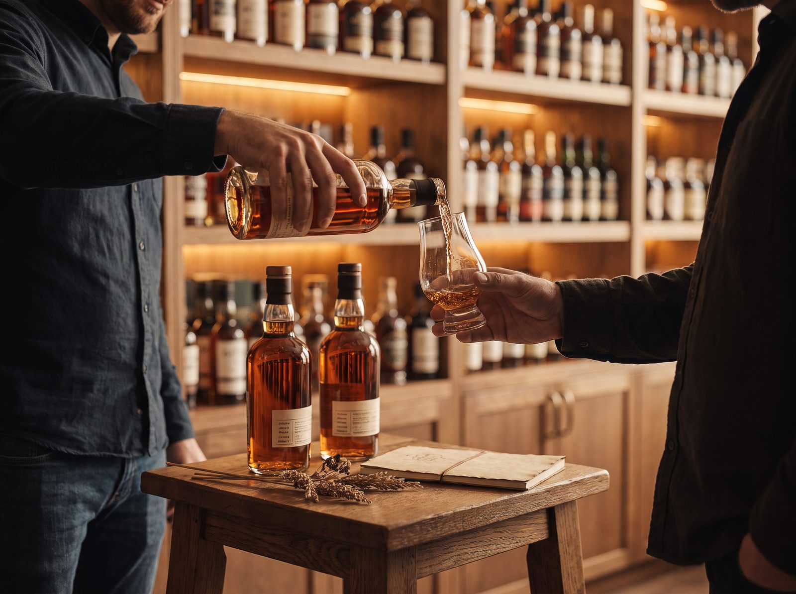 A brand ambassador pouring a bourbon taste for a customer at an in-store tasting table